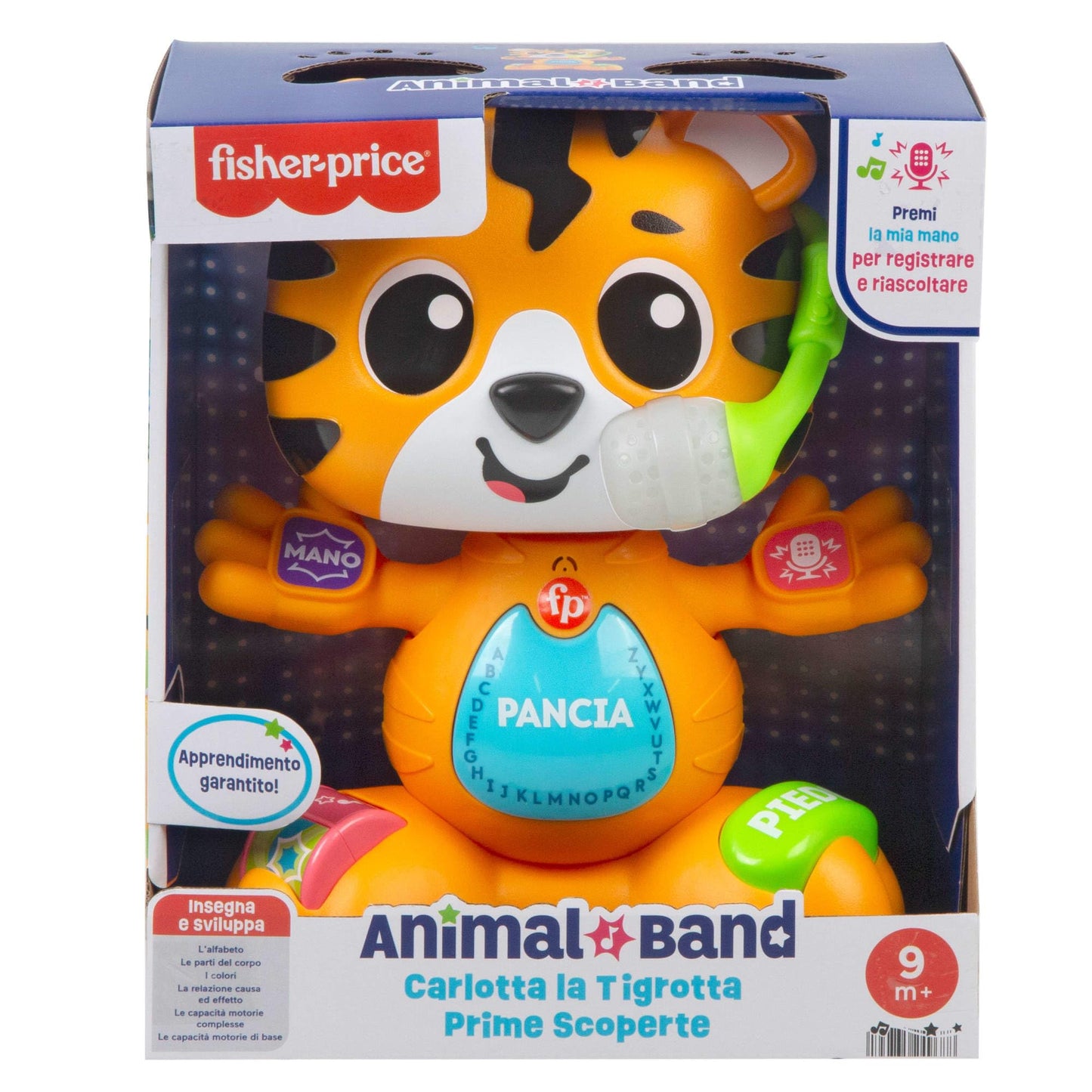 Fisher-Price interaktiivne õppetiger „Carlotta“ – muusika- ja valgusmänguasi (Itaalia versioon)