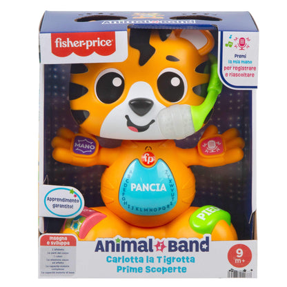 Fisher-Price interaktiivne õppetiger „Carlotta“ – muusika- ja valgusmänguasi (Itaalia versioon)