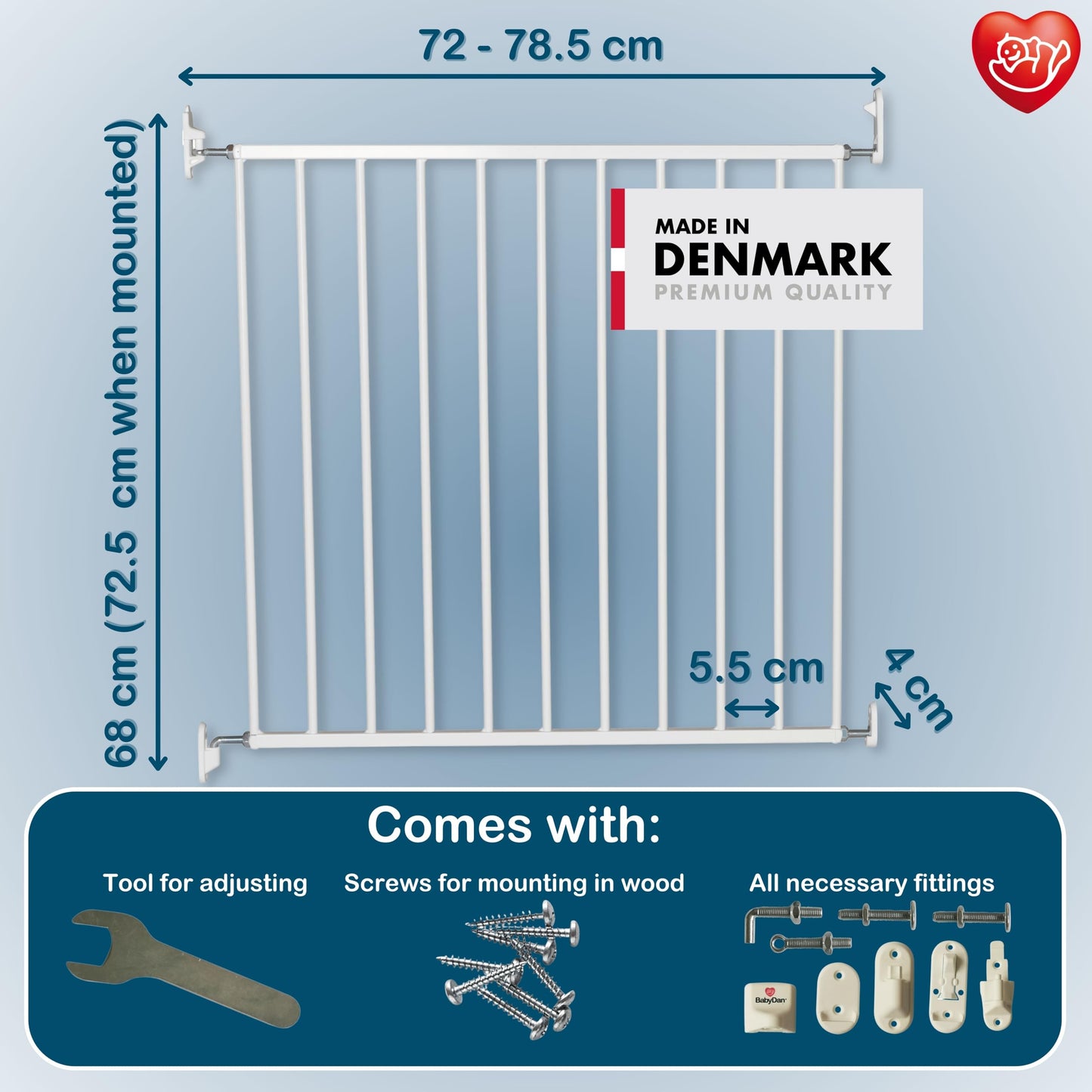BabyDan No Trip seinale kinnitatav turvavärav 72–78,5 cm, valge