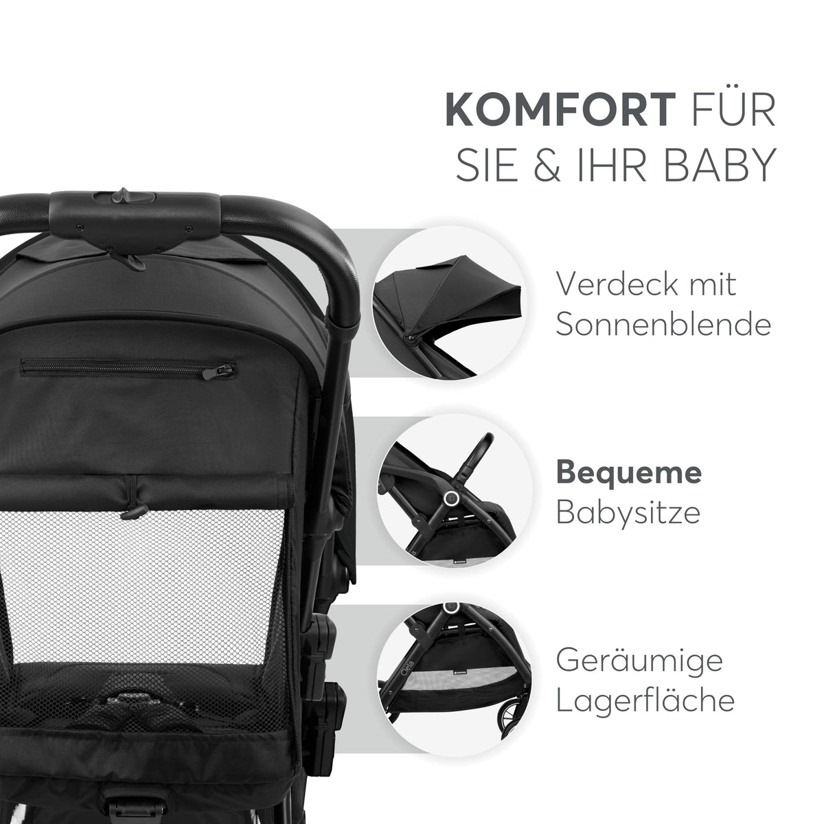 Kikka Boo CIELA kevyet matkarattaat, taittuu kokoon automaattisesti, 7,1 kg, musta, enintään 22 kg