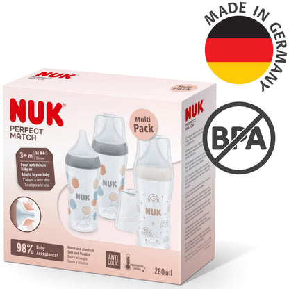 NUK Perfect Match tuttipullosetti, 260 ml, 3 kpl, 3+ kuukautta, Temperature Control, Anti-Colic