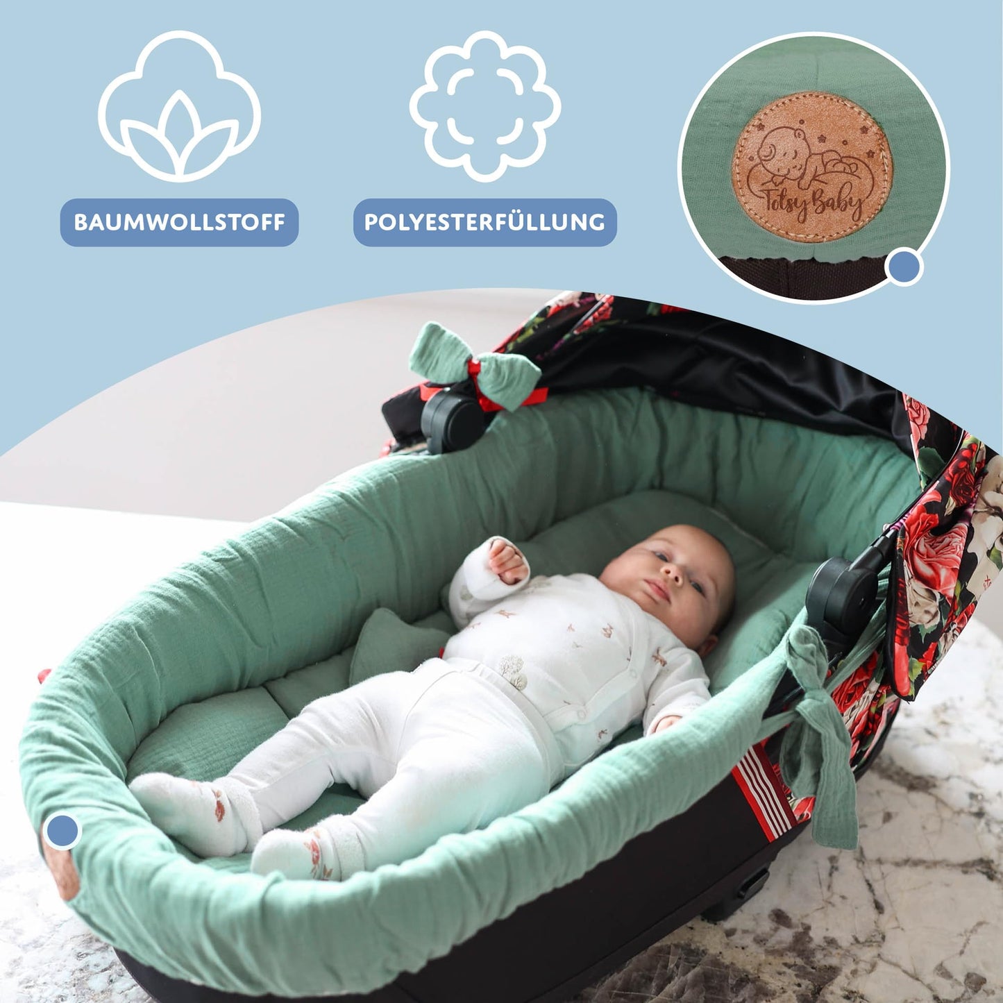 Totsy Baby musliinkangas vankrikorvi sisu (3-osaline komplekt), roheline