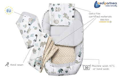 Medi Partners beebipesa komplekt 5-osaline 100 × 60 cm, Mint Zoo beež