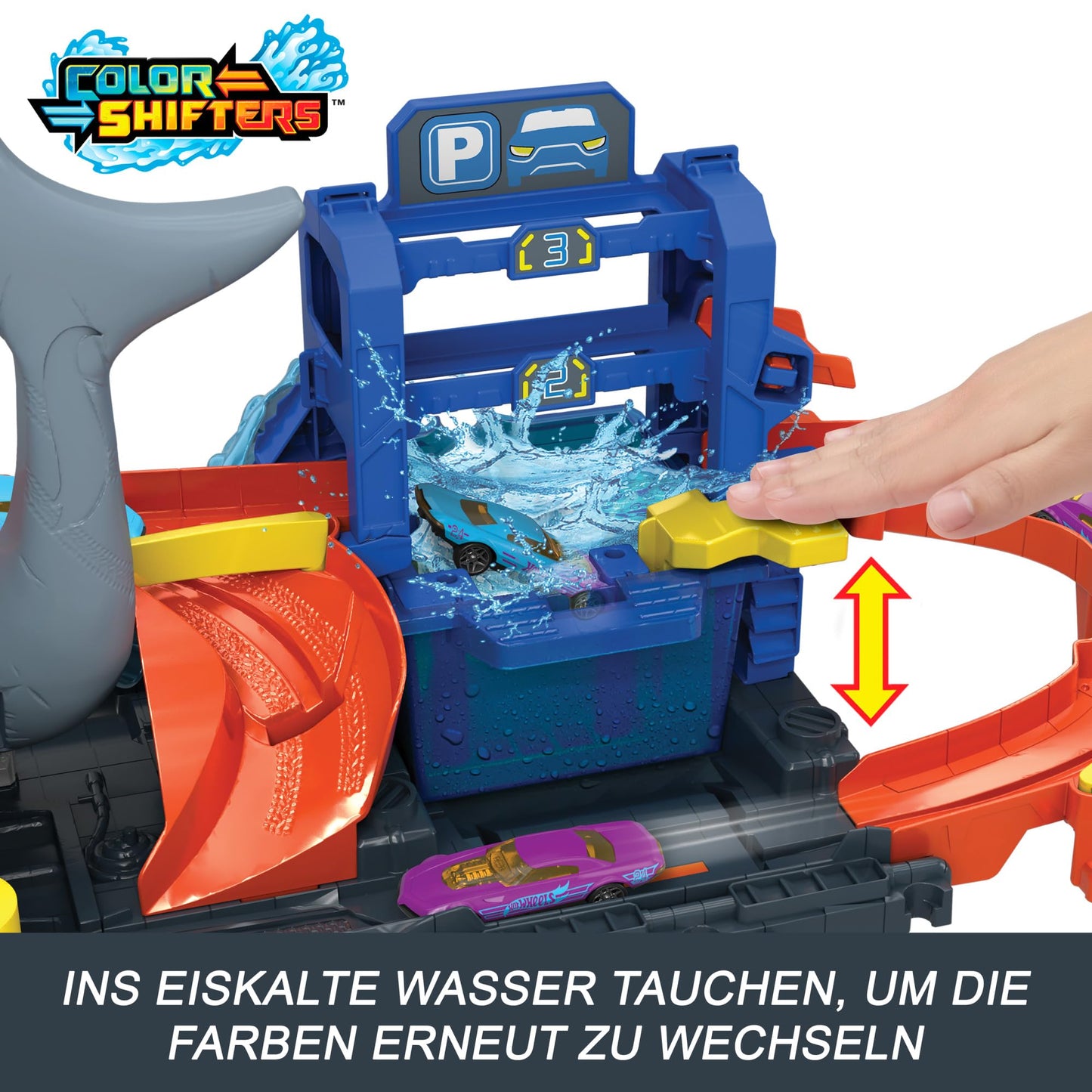 Hot Wheels City Let's Race – hai-teemaline värvimuutev autopesula, 1:64 auto ja veemängu funktsioonidega (HTN82)