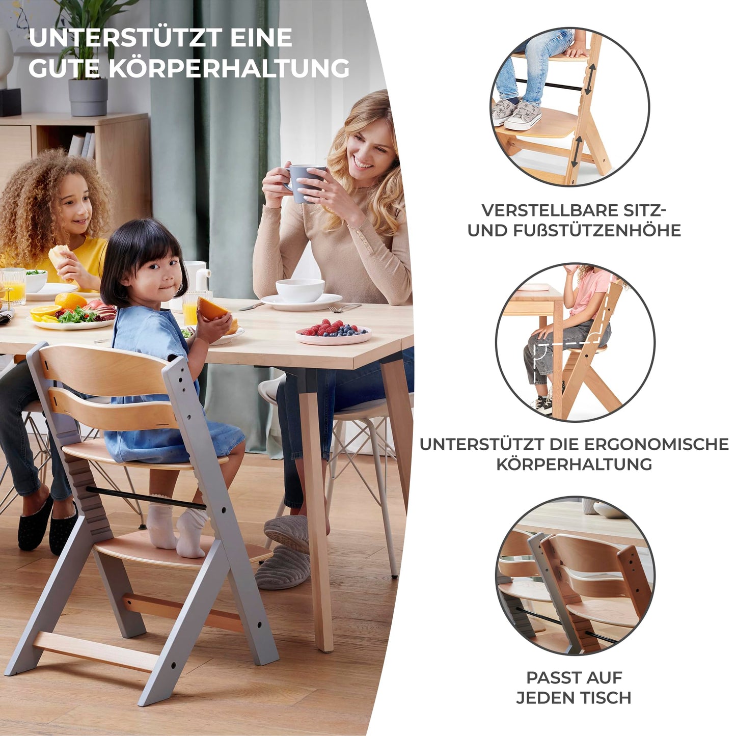 Kinderkraft ENOCK 3-ühes puidust söögitool istmepadjaga, hall