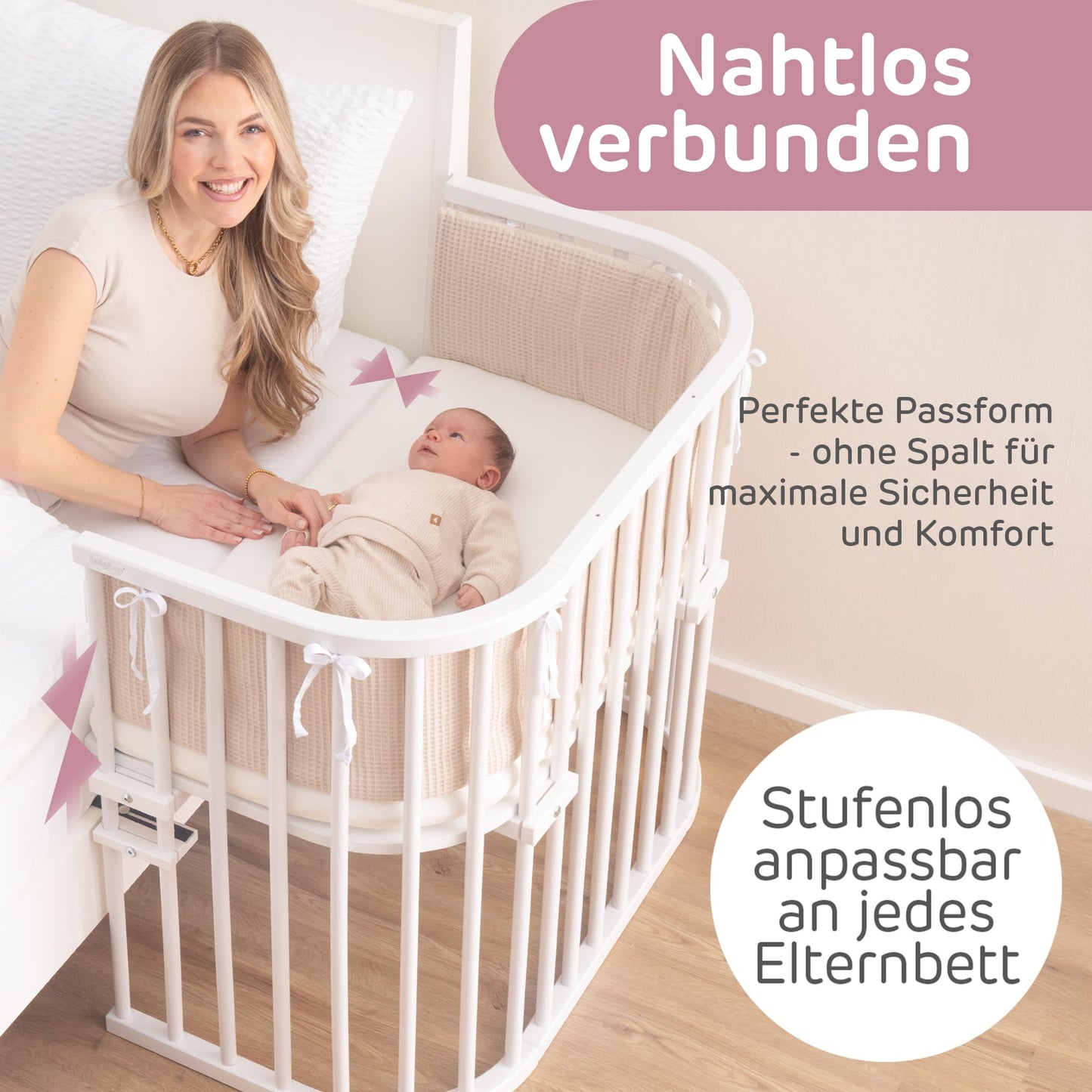 Babybay Original pöögipuidust vooditasku + madrats + lisad, reguleeritava kõrgusega, valge