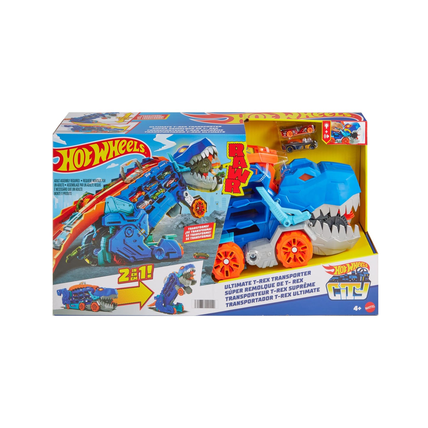 Hot Wheels City T-Rex treiler ja võidusõidurada, valguse ja heliefektidega