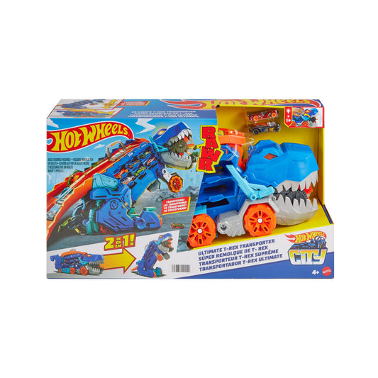 Hot Wheels City T-Rex treiler ja võidusõidurada, valguse ja heliefektidega
