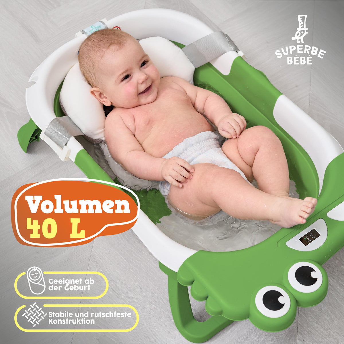 SUPERBE BEBE kokoontaitettava vauvakylpyamme lämpömittarilla ja kylpytyynyllä, vihreä, syntymästä 3 vuoden ikään