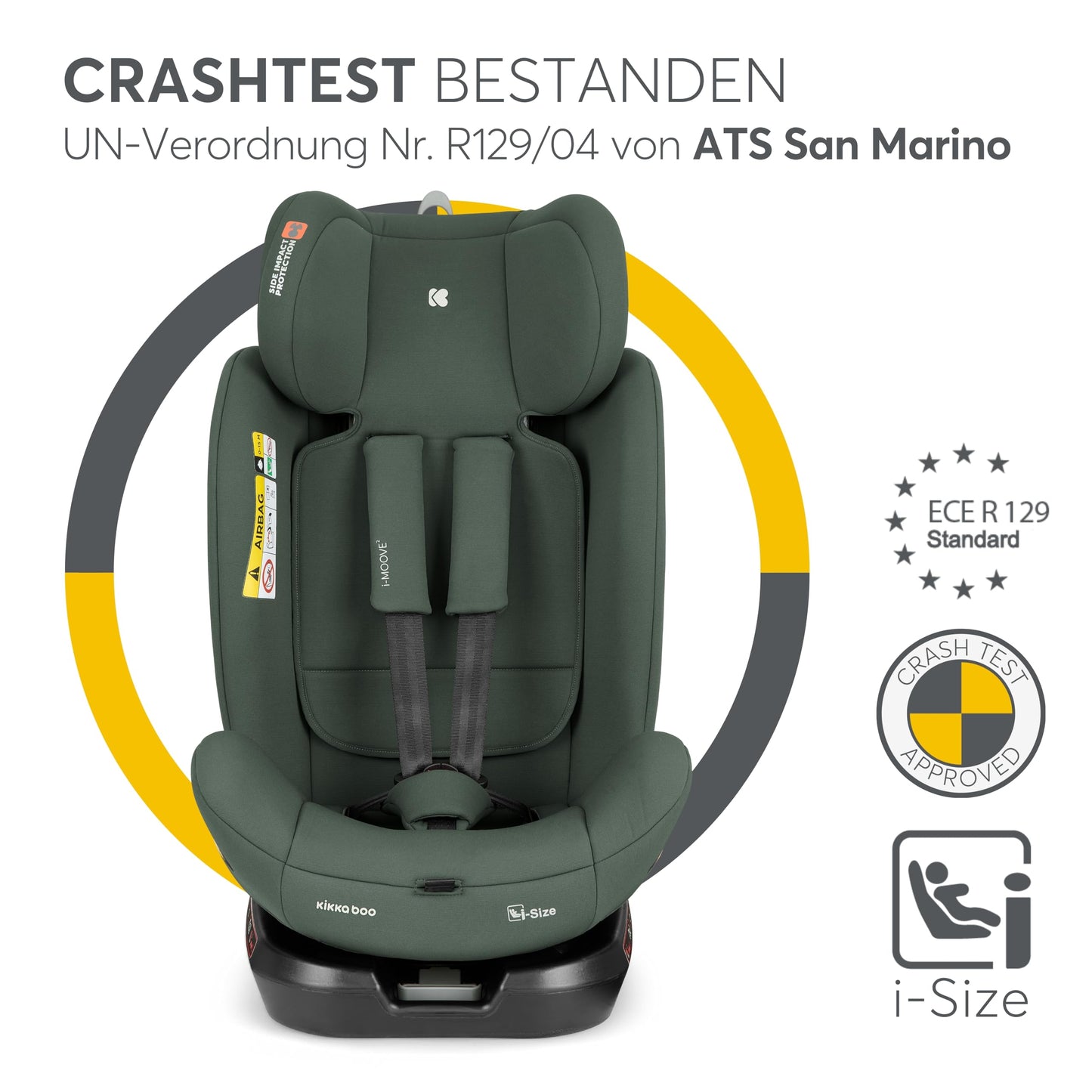 KikkaBoo i-MOOVE 2 i-Size turvatool 40–150 cm ISOFIX ja 360° pööratav – armee roheline