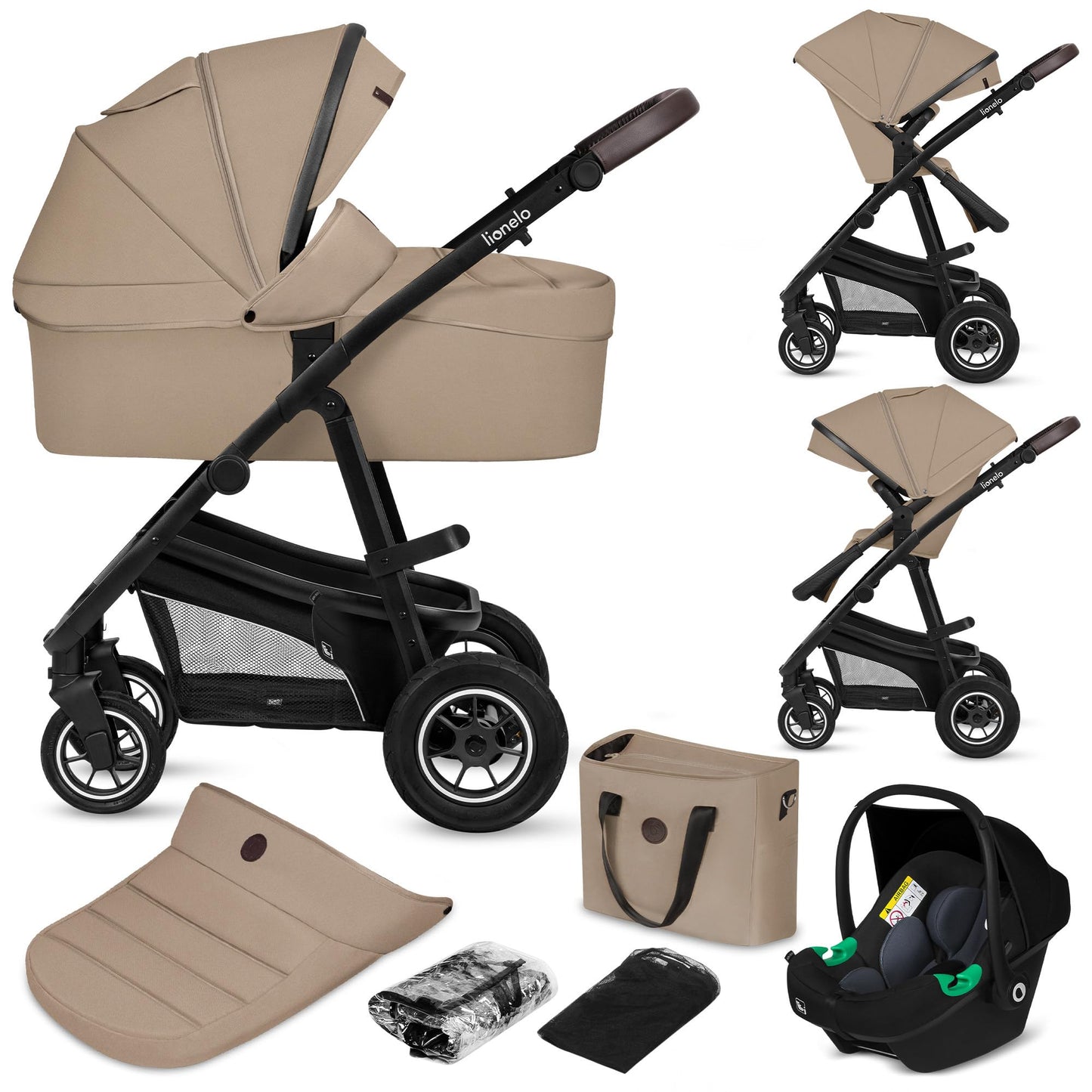 Lionelo Bianka 3-in-1 vankrikomplekt õhkrehvidega– Beige Sand