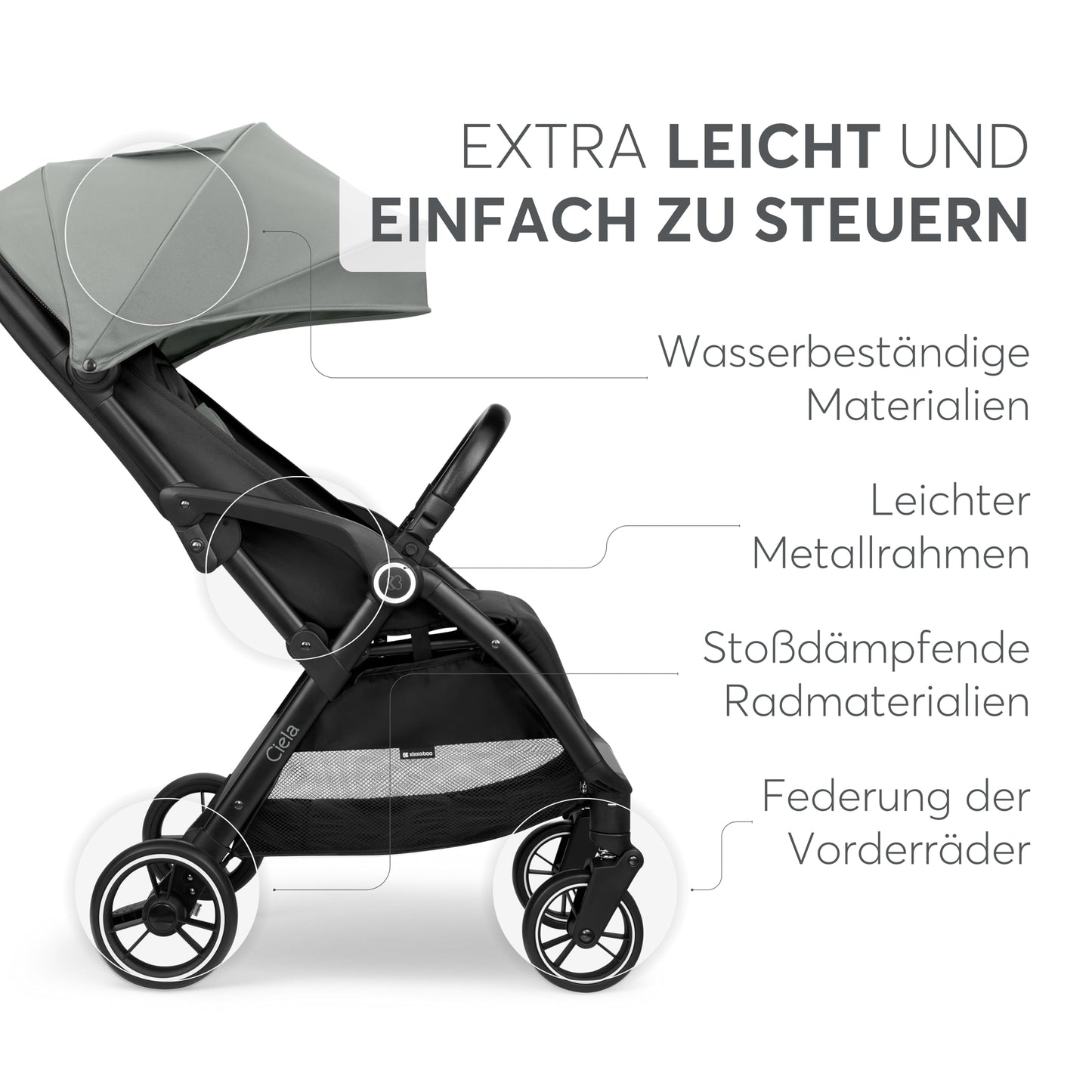 Kikka Boo CIELA reisikäru, hall, kuni 22 kg, 7,1 kg, ühe käega kokkupandav