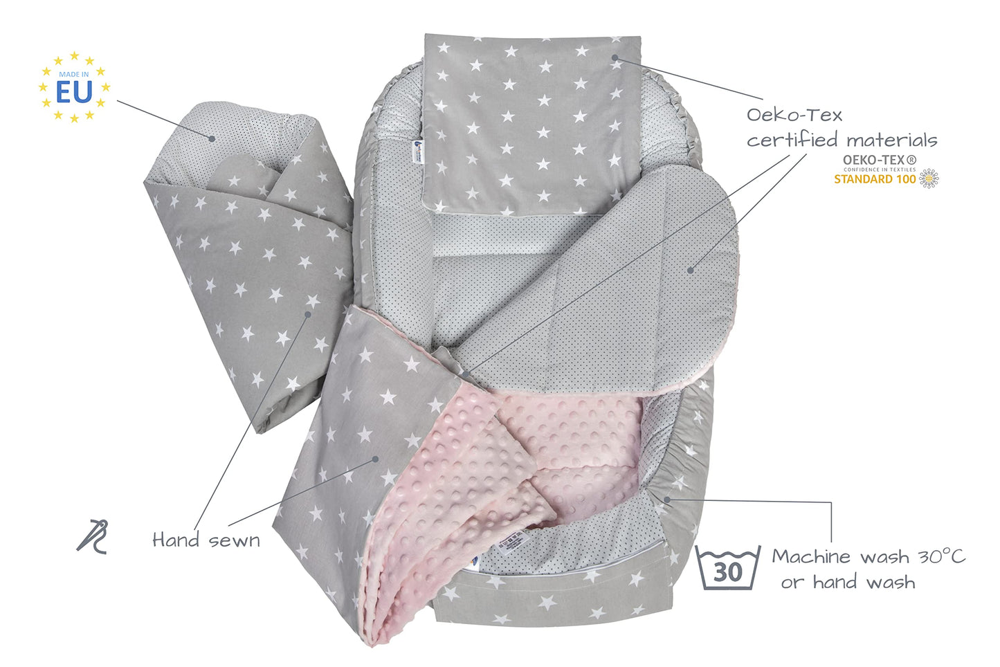 Medi Partners beebipesa komplekt 5-osaline, 100 × 60 cm, puuvillane (hall/roosa)