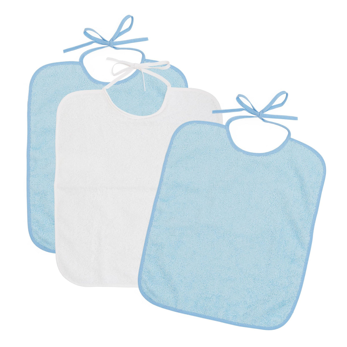 Ti TIN froteeruokalaput nauhakiinnityksellä, 3 kpl, 32 × 36 cm, sininen ja keltainen (1 vuoden iästä alkaen)