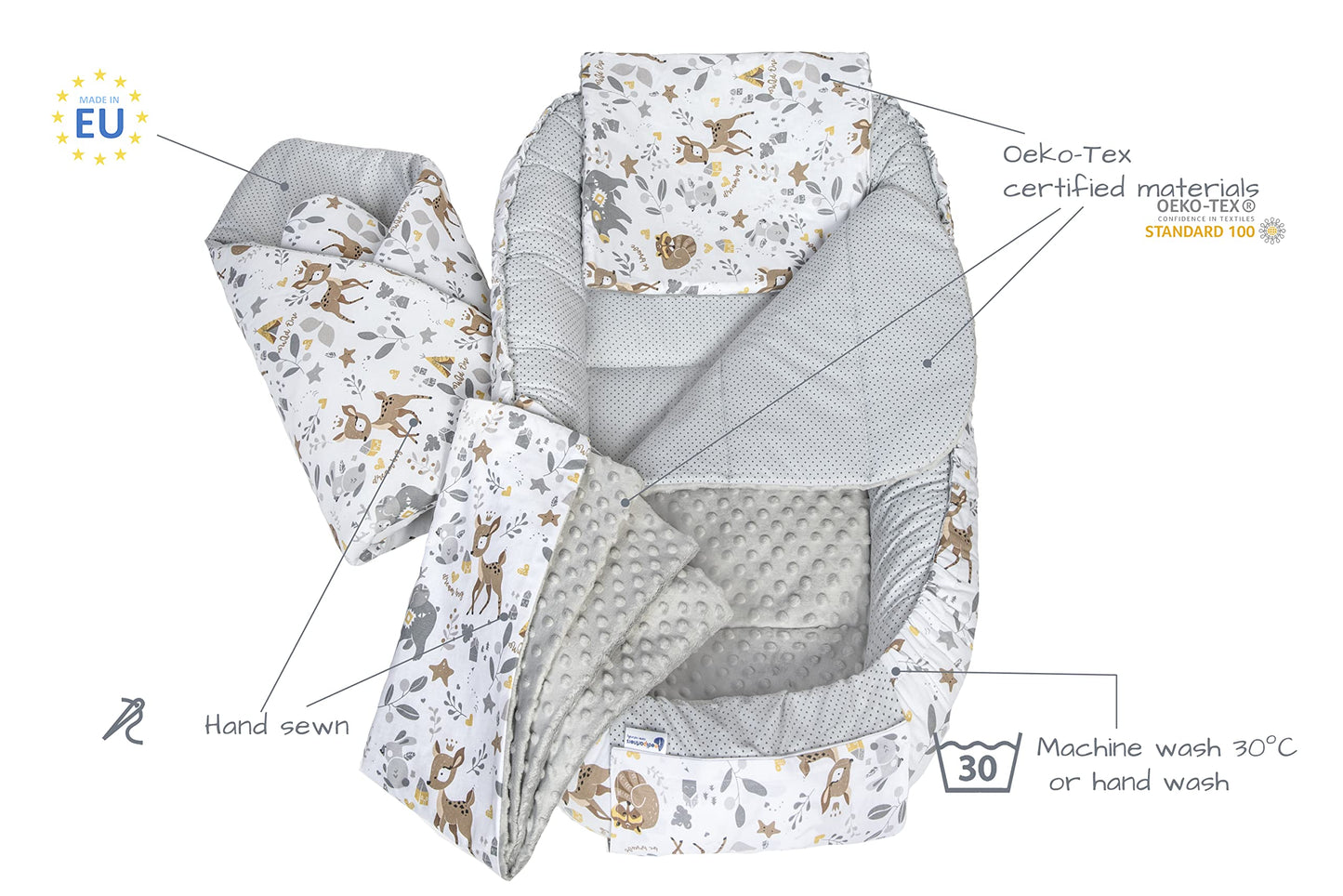 Medi Partners 5-osaline beebipesa komplekt Deer & Grey Plush, 100% puuvill