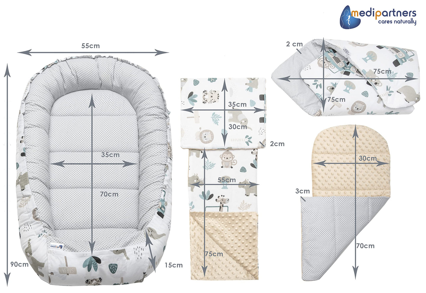 Medi Partners beebipesa komplekt 5-osaline 100 × 60 cm, Mint Zoo beež