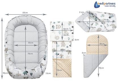 Medi Partners beebipesa komplekt 5-osaline 100 × 60 cm, Mint Zoo beež