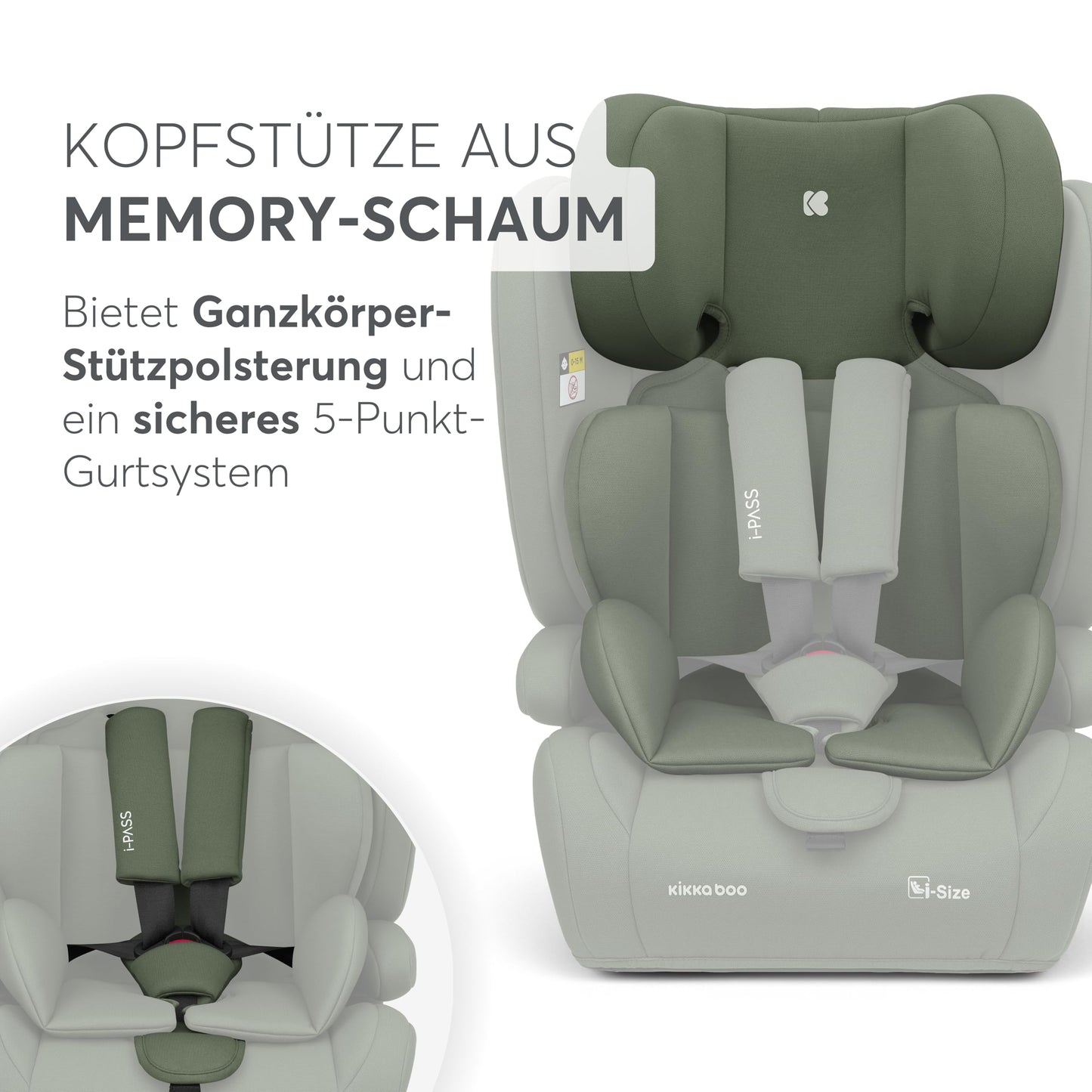 KikkaBoo i-PASS i-Size turvatool 76–150 cm (9–36 kg), Army Green