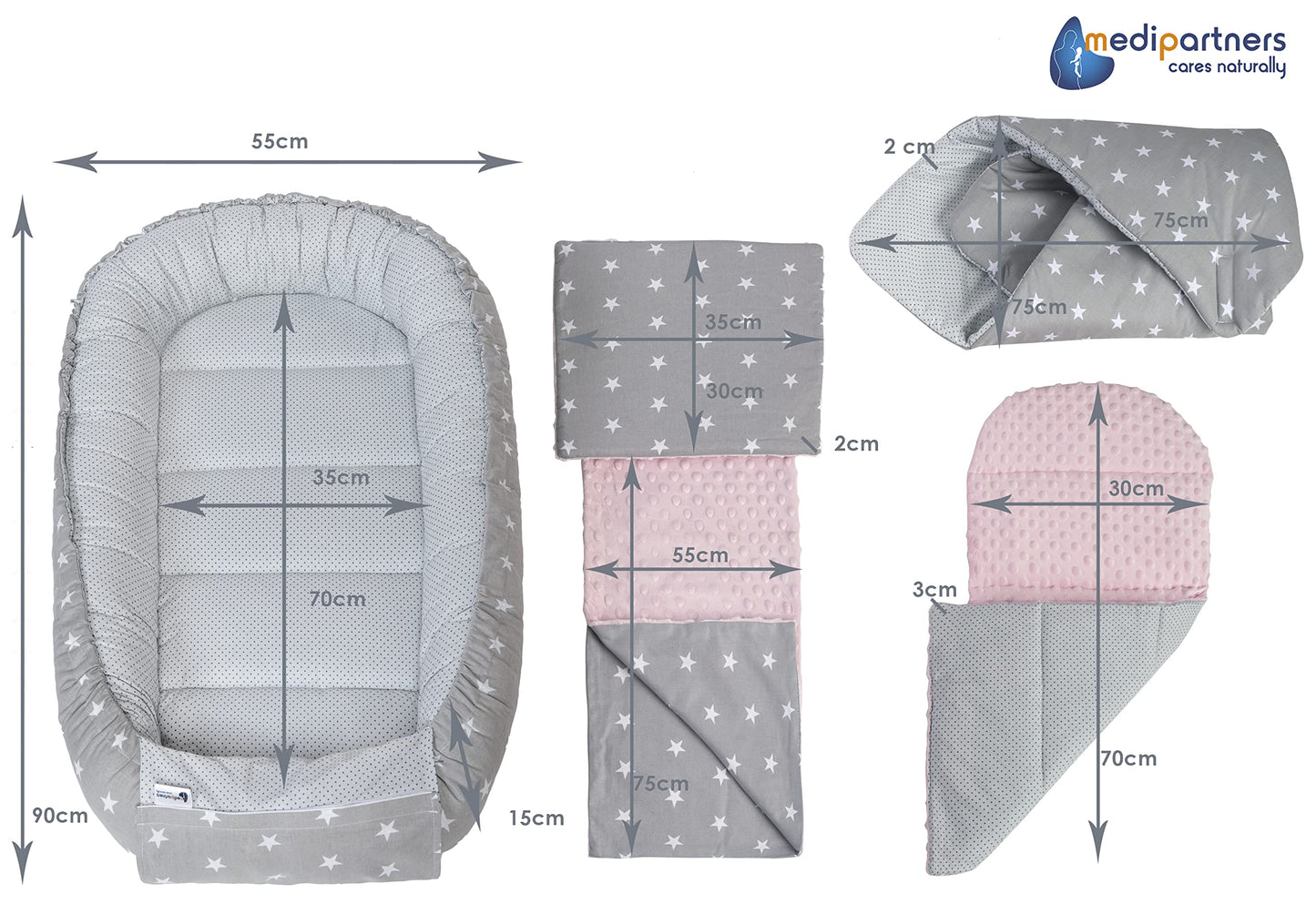 Medi Partners beebipesa komplekt 5-osaline, 100 × 60 cm, puuvillane (hall/roosa)