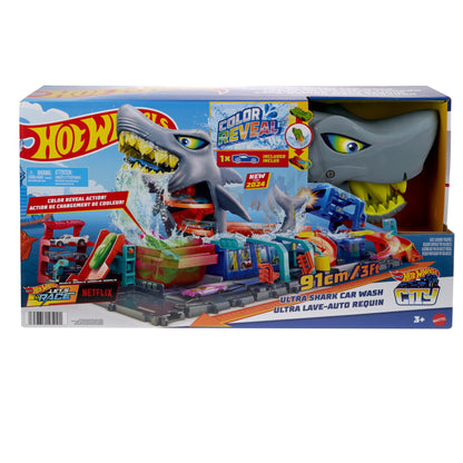 Hot Wheels City Let's Race – hai-teemaline värvimuutev autopesula, 1:64 auto ja veemängu funktsioonidega (HTN82)