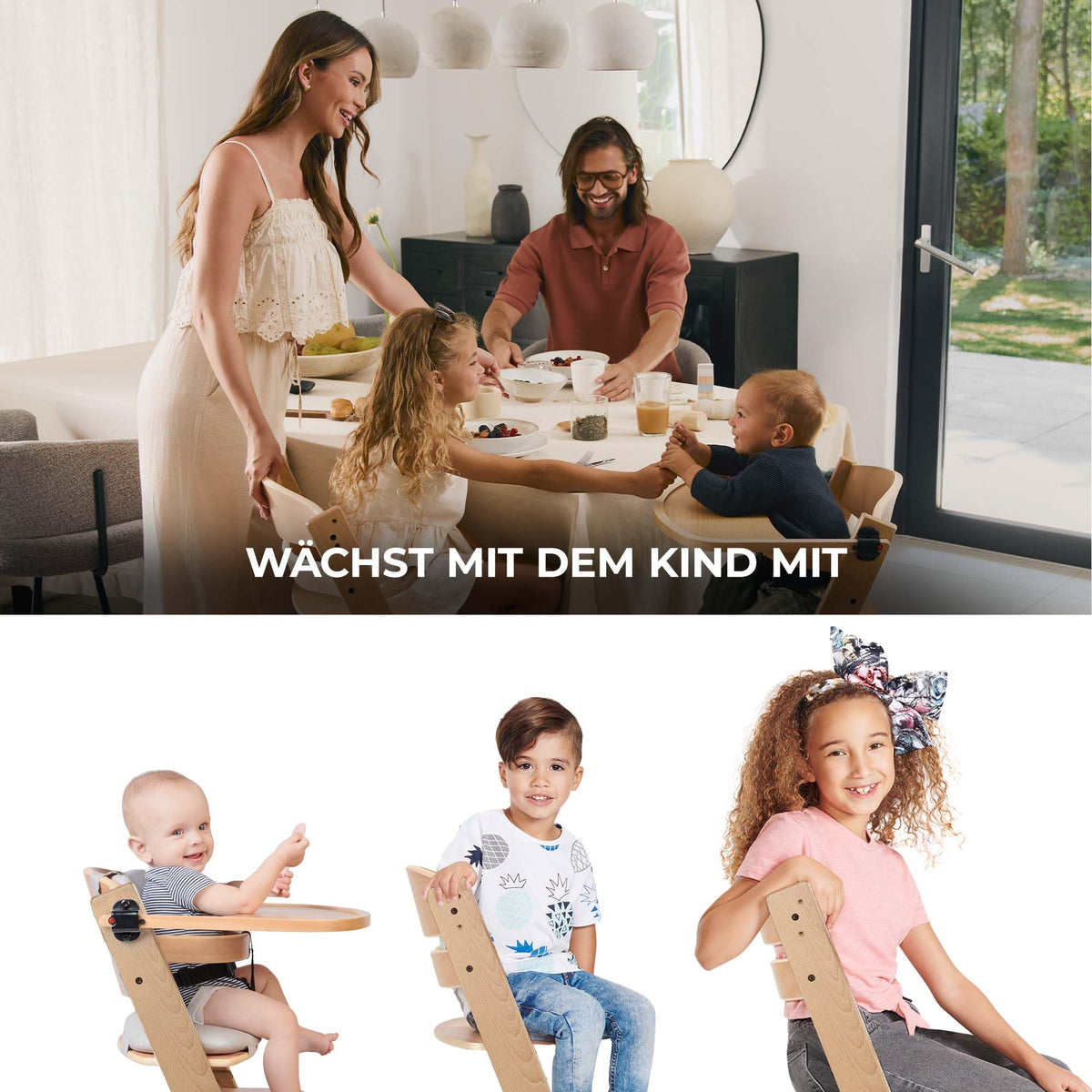 Kinderkraft ENOCK söögitool ja lastetool 2in1, täispuidust pöögist, hall