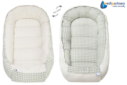Medi Partners beebipesa 100 × 60 cm – puuvillane kookon, Grid with Olive Waffle