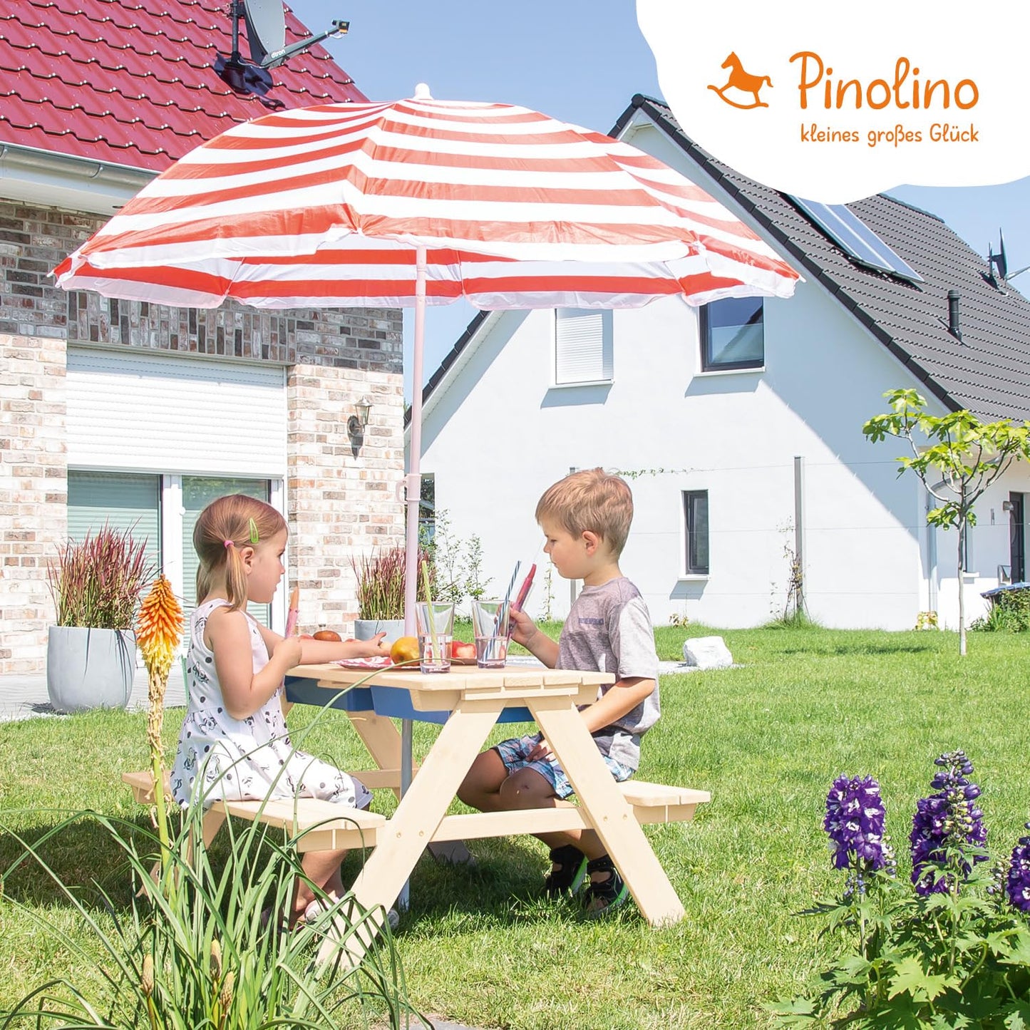 PINOLINO Matsch-Nicki 4-osaline laste istekomplekt täispuidust, muda- ja veemängulaud aeda, 2 vanniga, alates 2 aastast, 89 x 88 x 51 cm