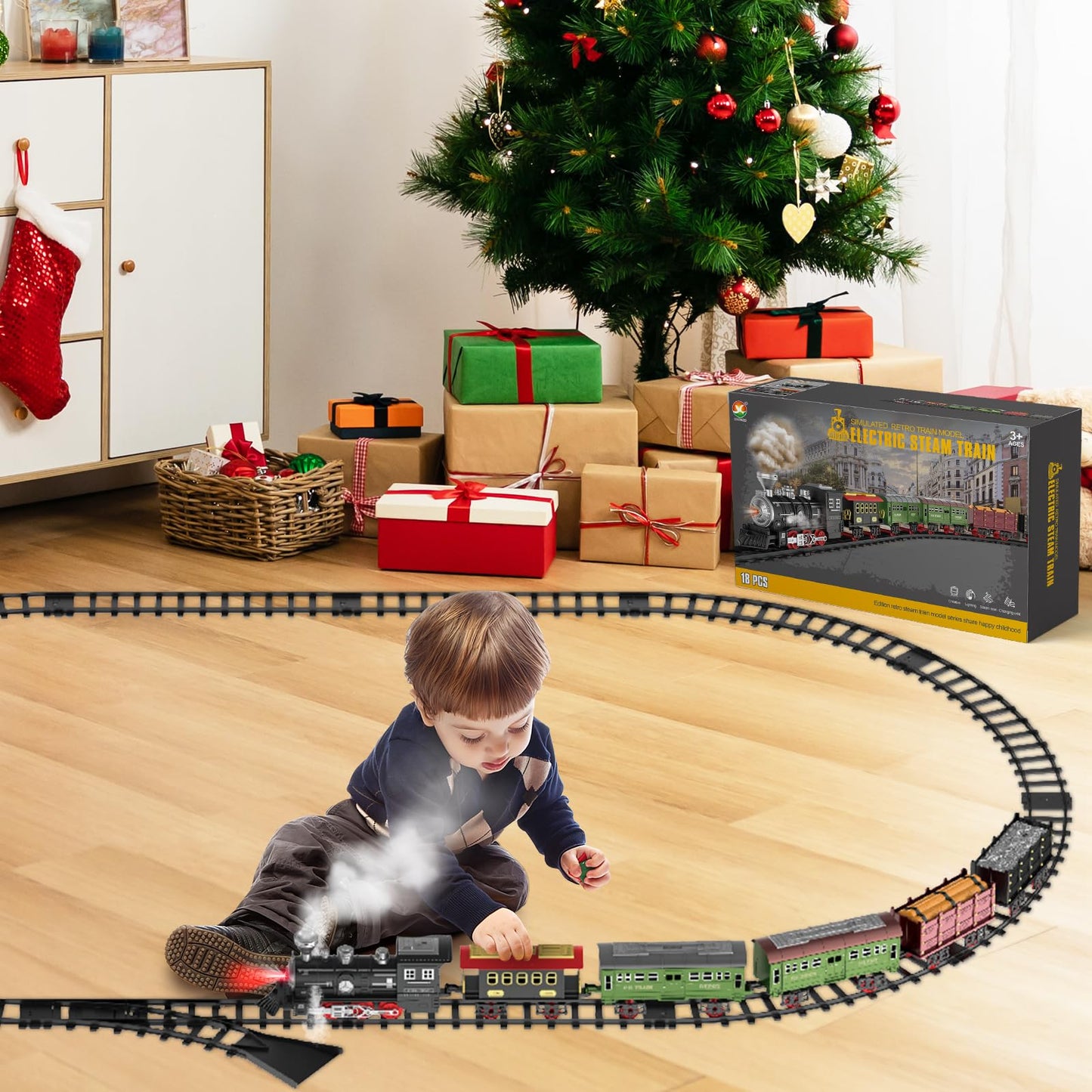 deAO jõulurongi komplekt helide, valguse ja suitsuefektiga – elektriline mängurong kuuse alla