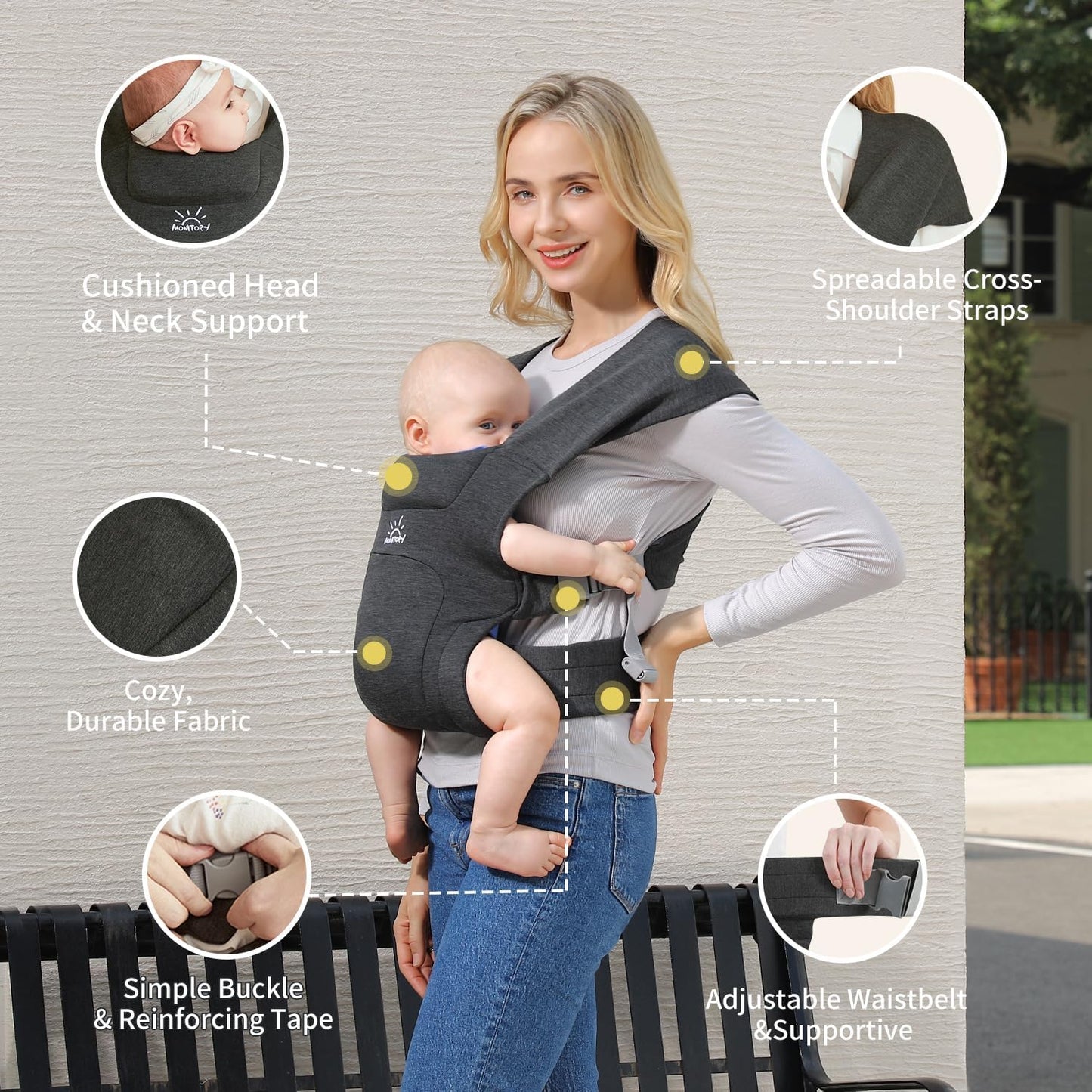 MOMTORY vastsündinu–väikelapse kandelina tugivöö ja ergonoomilise istmega, 3–22 kg, tumehall