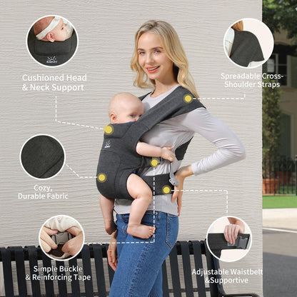 MOMTORY vastsündinu–väikelapse kandelina tugivöö ja ergonoomilise istmega, 3–22 kg, tumehall