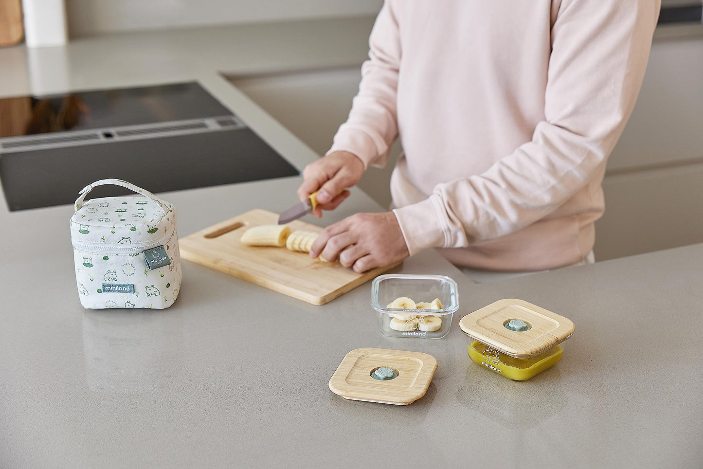 Miniland Go Ecosquare Frog komplekt: 2 klaasist toidukarpi + termokott, 210 ml