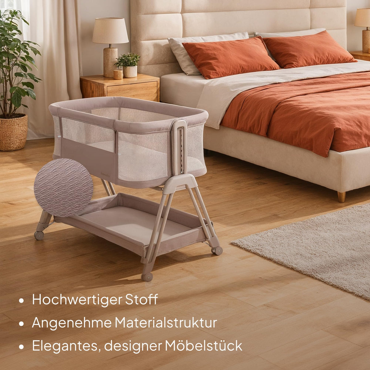 Lionelo Luna EIN -sivusänky ja matkasänky patjalla, beige (Beige Taupe), enintään 9 kg