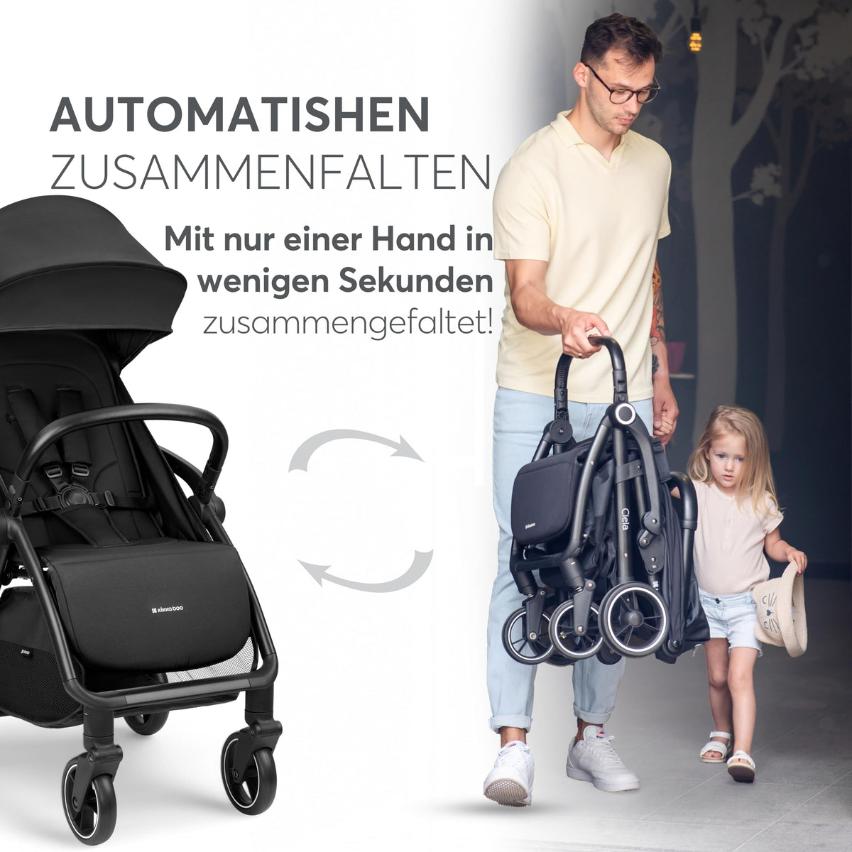 Kikka Boo CIELA kevyet matkarattaat, taittuu kokoon automaattisesti, 7,1 kg, musta, enintään 22 kg