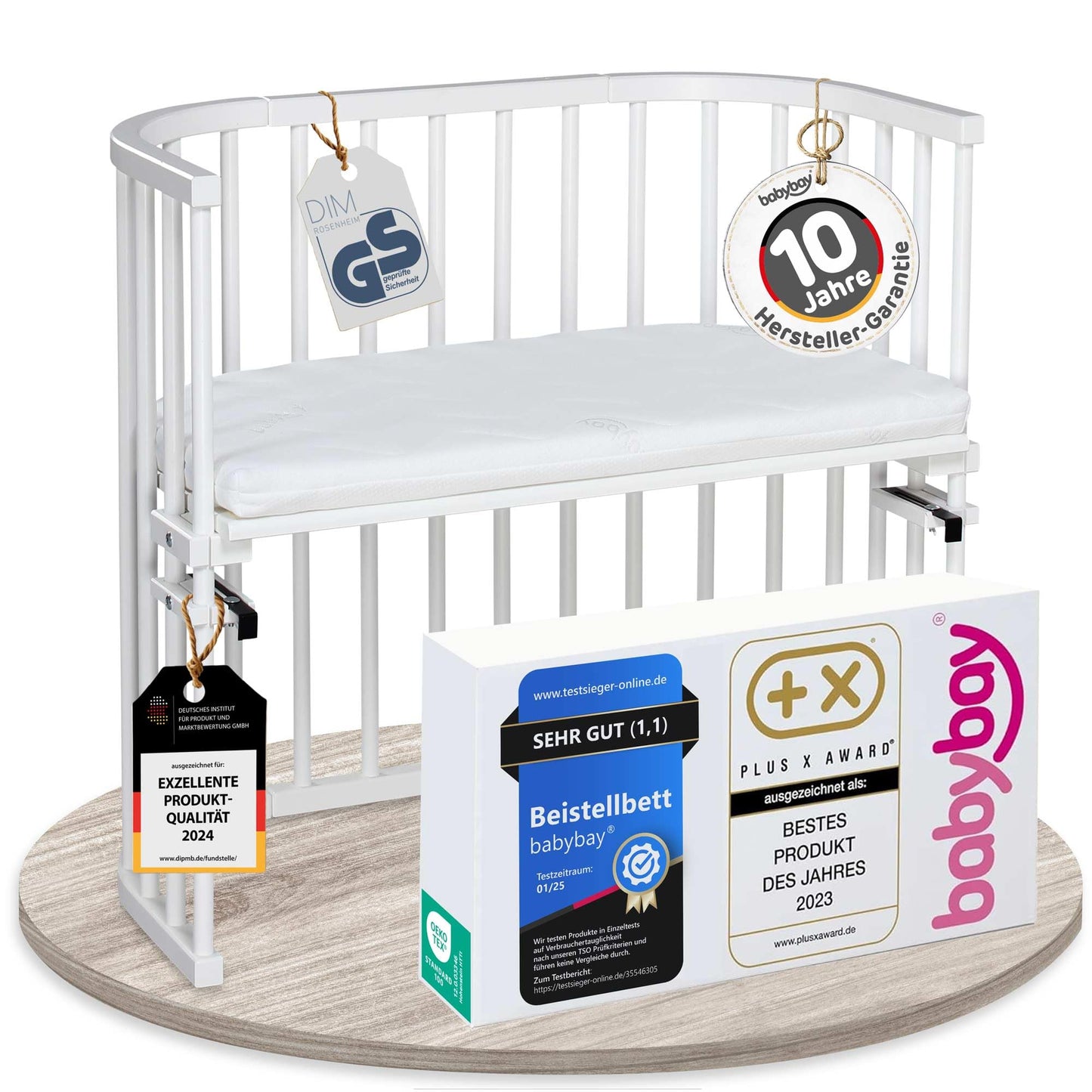 Babybay Original pöögipuidust vooditasku + madrats + lisad, reguleeritava kõrgusega, valge