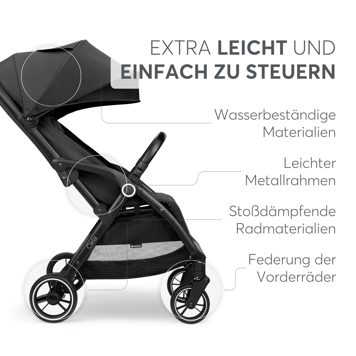 Kikka Boo CIELA kevyet matkarattaat, taittuu kokoon automaattisesti, 7,1 kg, musta, enintään 22 kg
