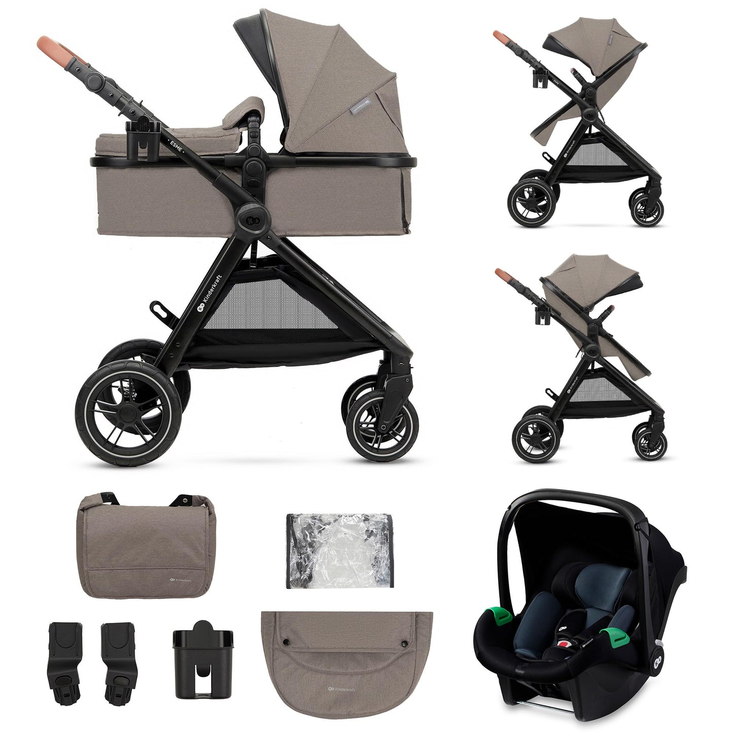 Kinderkraft ESME 3in1 jalutuskäru koos MINK PRO i-Size turvahälliga, beež