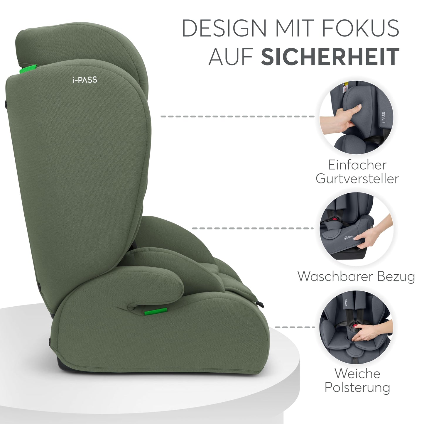 KikkaBoo i-PASS i-Size turvatool 76–150 cm (9–36 kg), Army Green