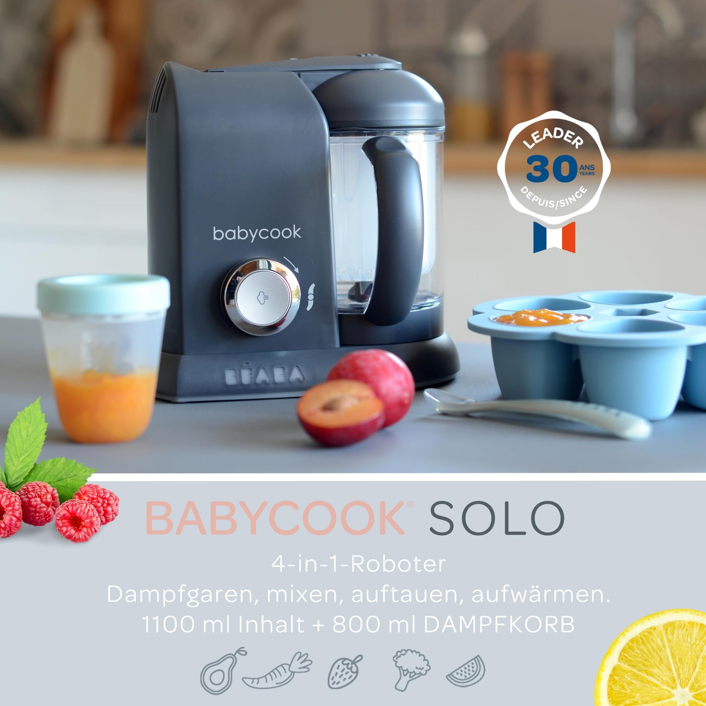 Béaba Babycook Solo 4-ühes blender-auruti, 1100 ml, tumehall