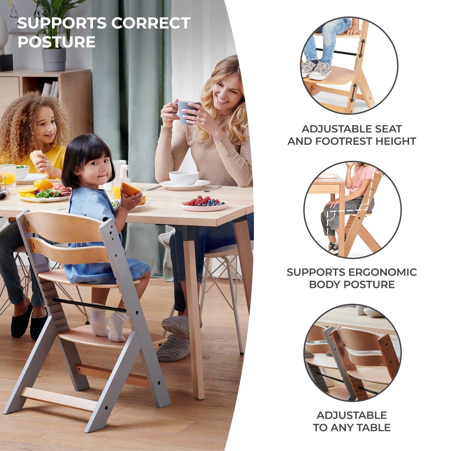 Kinderkraft ENOCK 3-in-1 puidust söögitool, puit