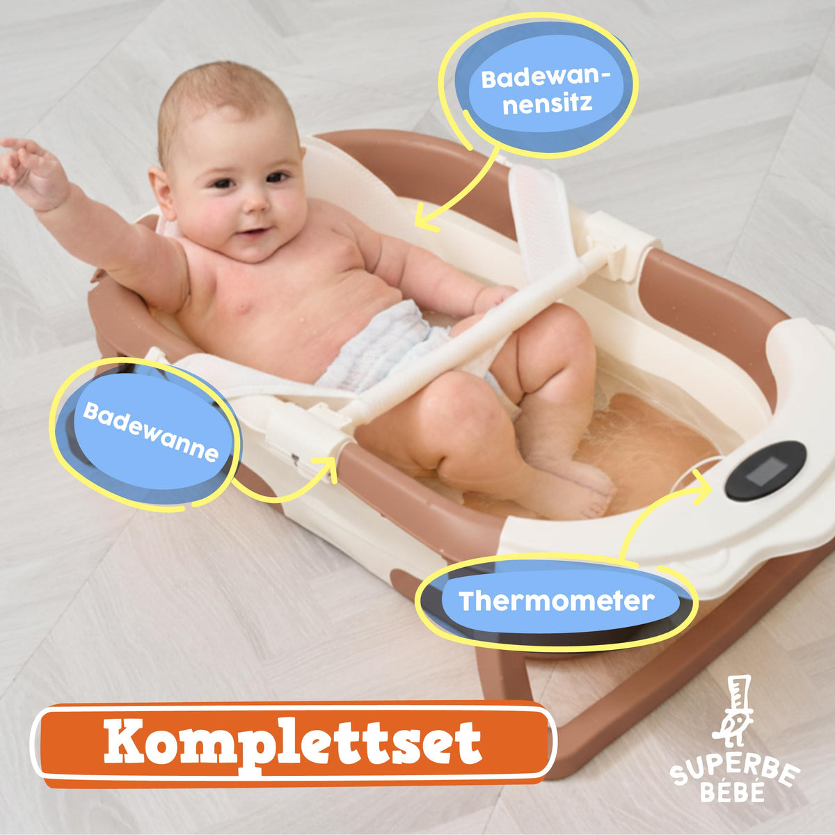 SUPERBE BEBE kokoontaitettava vauvan kylpyamme lämpömittarilla ja ammepehmusteella, Leijona