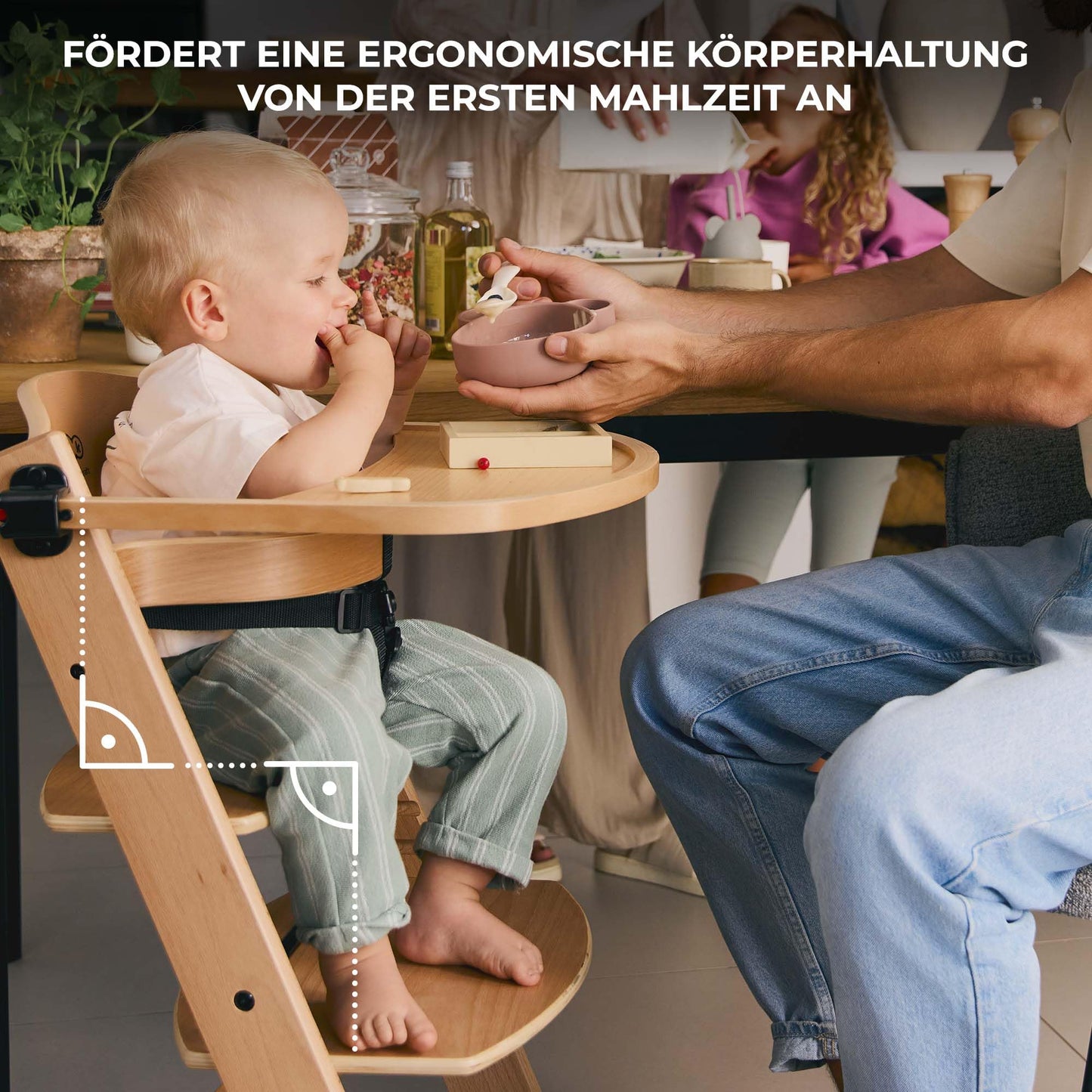 Kinderkraft ENOCK söögitool ja lastetool 2in1, täispuidust pöögist, hall