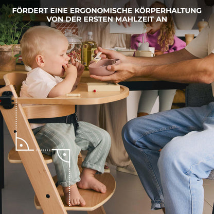 Kinderkraft ENOCK söögitool ja lastetool 2in1, täispuidust pöögist, hall