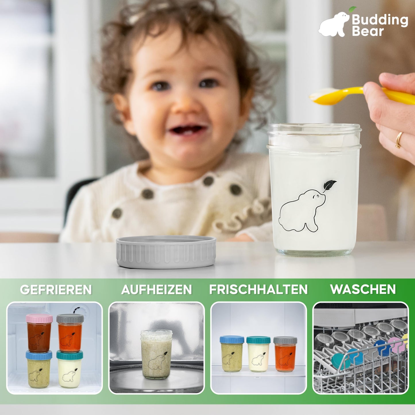 Budding Bear 240 ml klaasist beebitoidu säilituspurkide komplekt, 6 tk, BB-JARS03