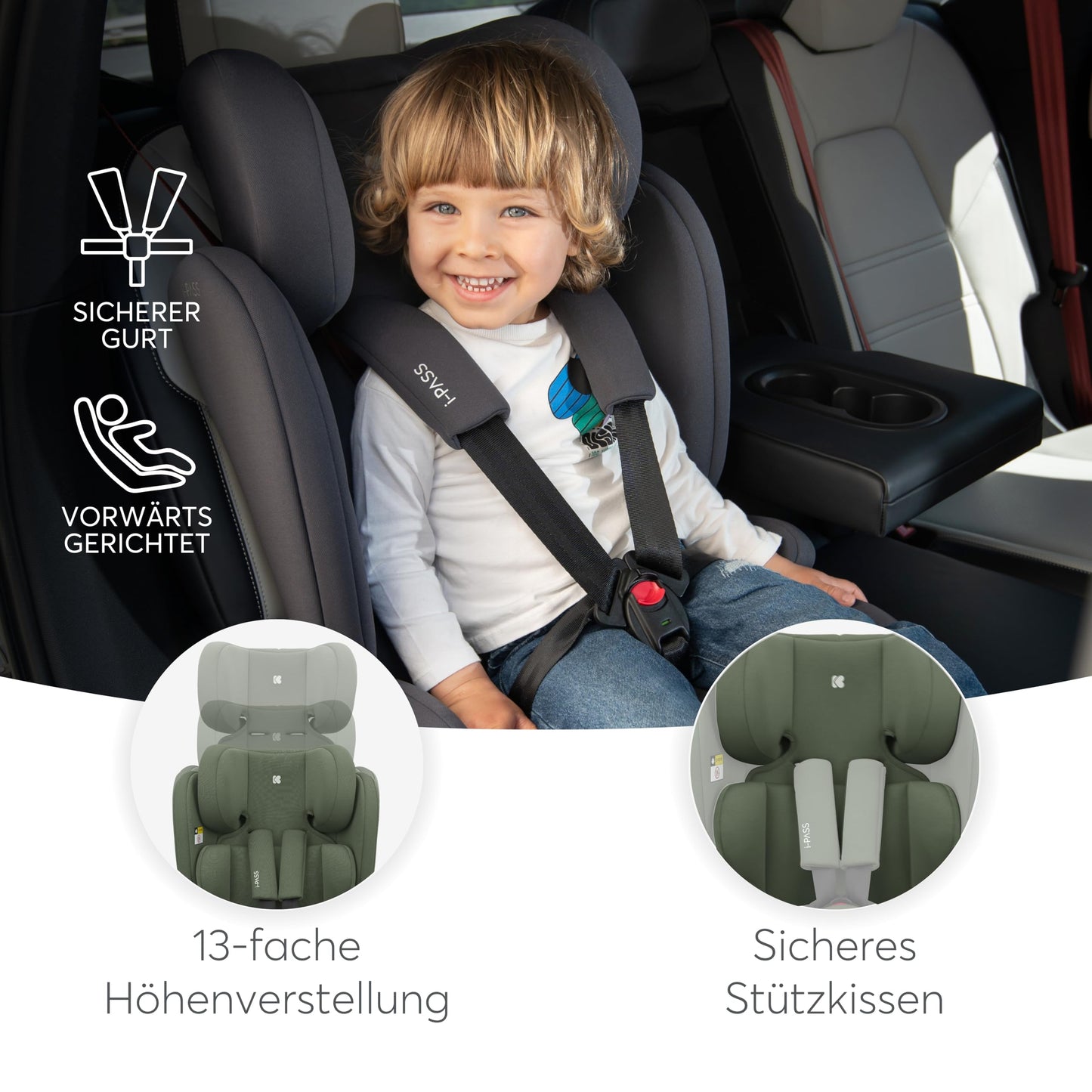 KikkaBoo i-PASS i-Size turvatool 76–150 cm (9–36 kg), Army Green