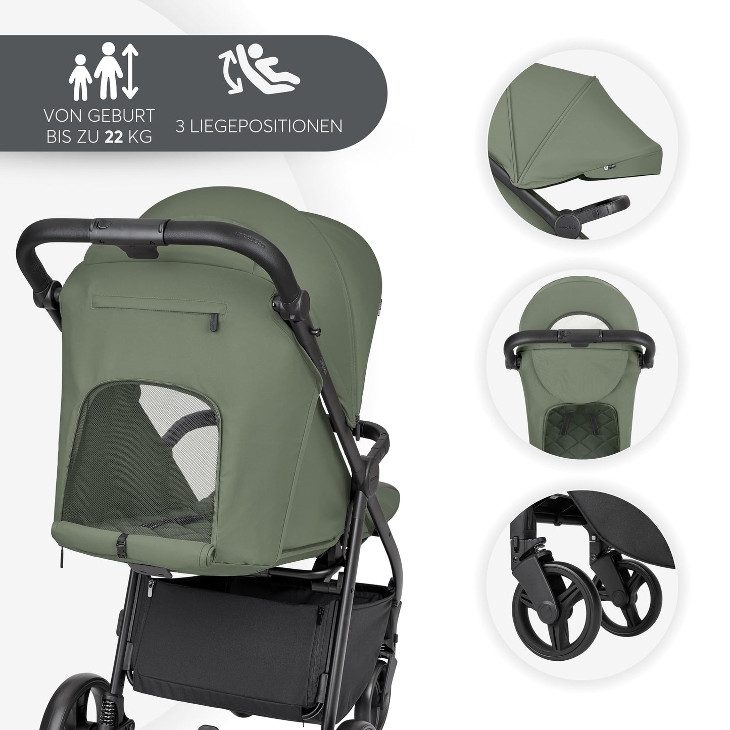 Kikkaboo reisikäru Urban, roheline, alates sünnist kuni 22 kg, kokkupandav, lamamisasendiga