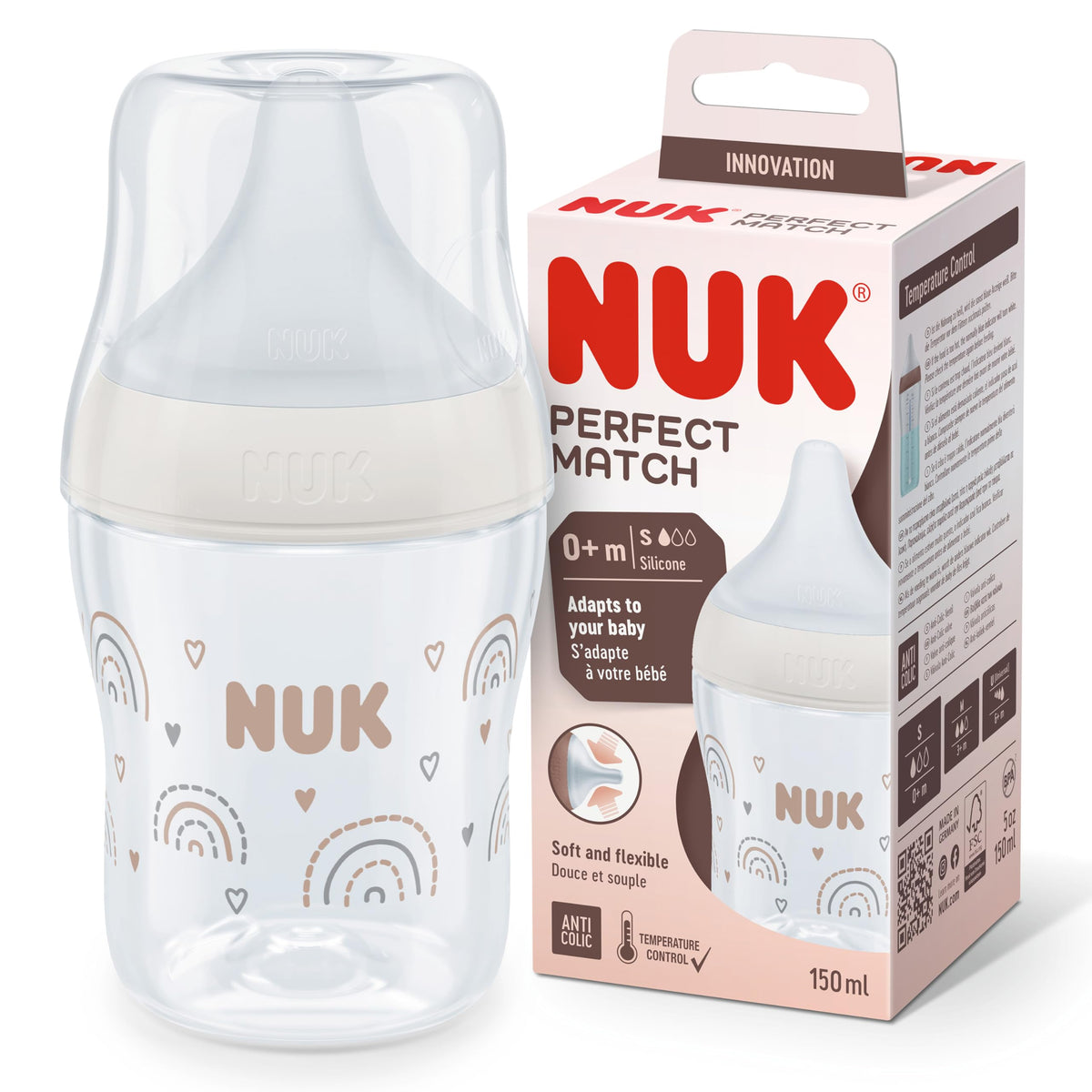NUK Perfect Match tuttipullo 150 ml, Rainbow (0+ kuukautta)