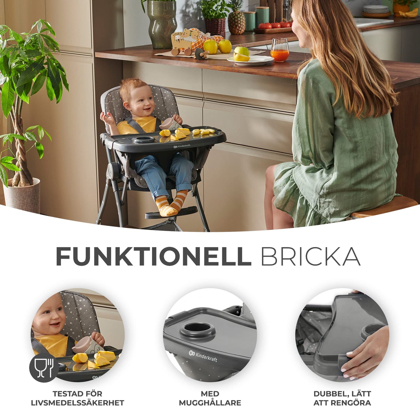Kinderkraft FOLDEE kokkupandav söögitool beebile, virsikutoon (6–36 kuud)