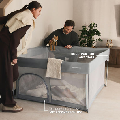 Kinderkraft ZIKI kokoontaitettava leikkikehä kantokassilla, harmaa (Grey), 126,5 × 126,5 cm