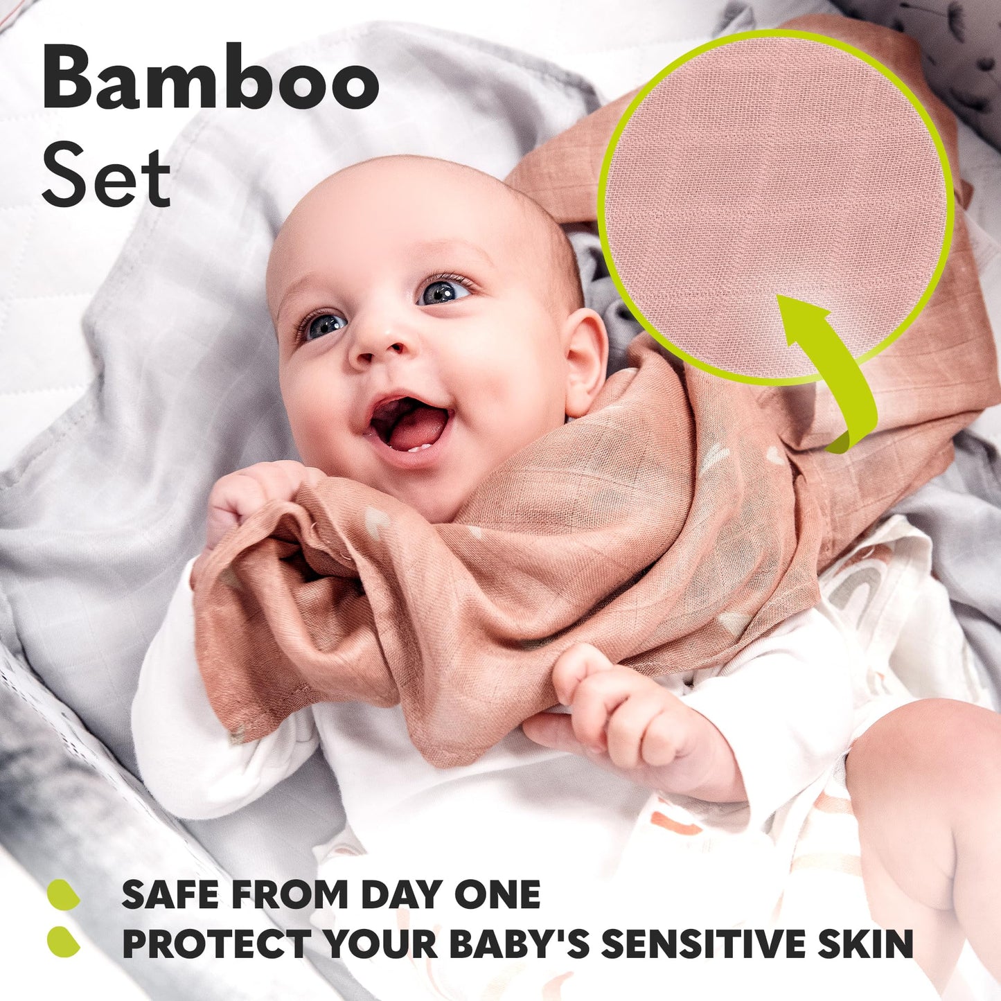 Lionelo bambusest musliinrätikute komplekt beebile, 3 tk (70 × 70 cm) – Leaf