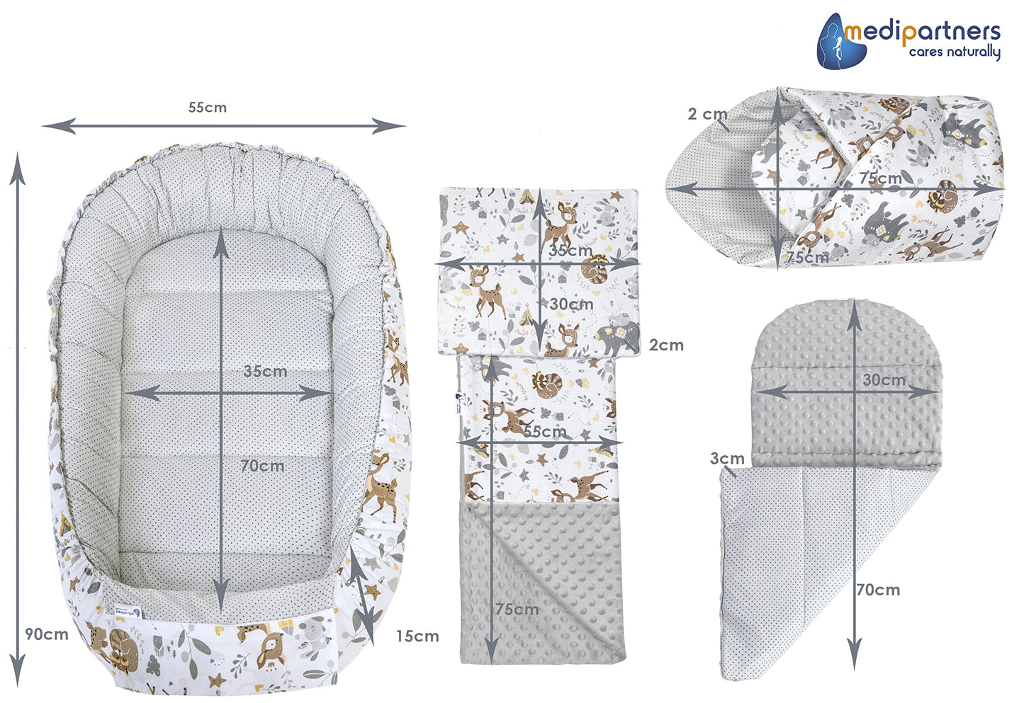 Medi Partners 5-osaline beebipesa komplekt Deer & Grey Plush, 100% puuvill